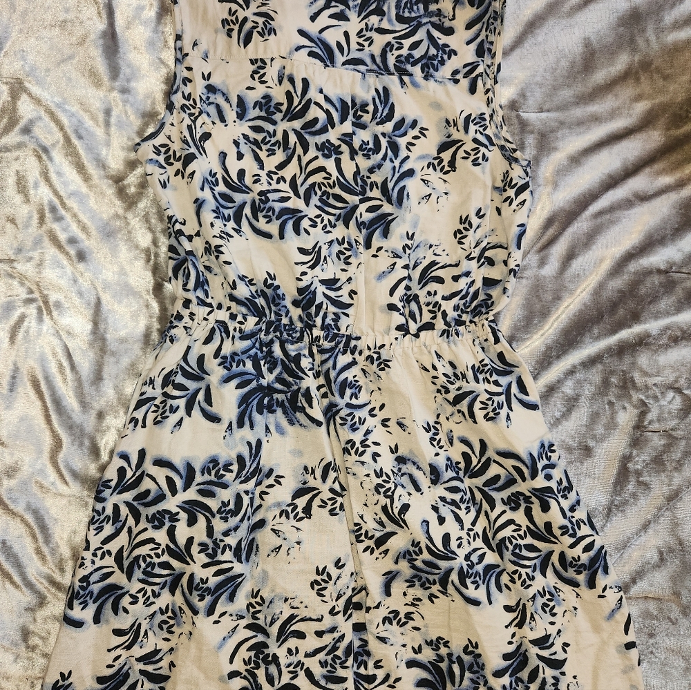S NEW DKNY Cream Linen Blue Floral, Sleeveless,Collar,Pockets,Luxurious,Designer - Picture 5 of 6